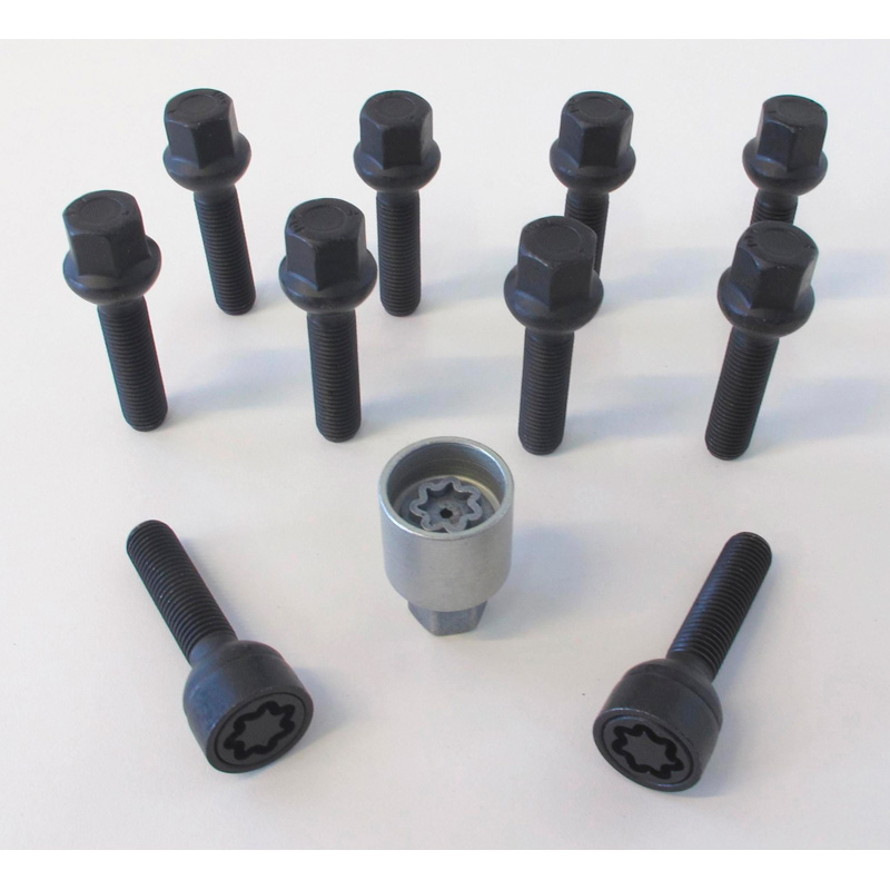 H&R Wheel bolt Set Round-Head R12 M12x1.50 - Length 40mm - Black - 10 pcs. (e.g.  Mercedes) - incl. wheel-locks