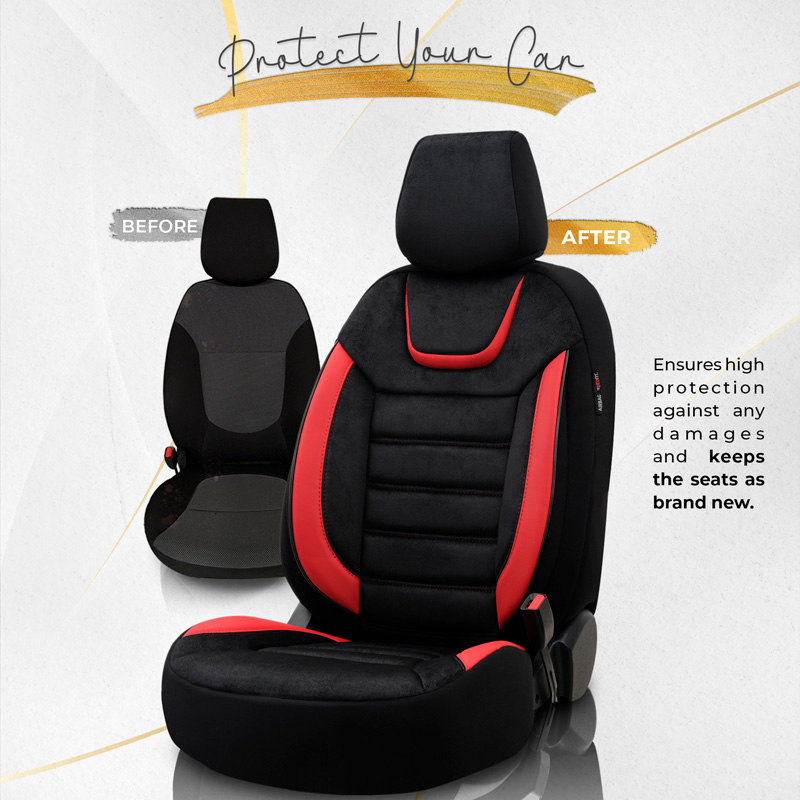 Universele Suede/Leder/Stoffen Stoelhoezenset 'Iconic' Zwart/Rood - 11-delig - geschikt voor Side-Airbags