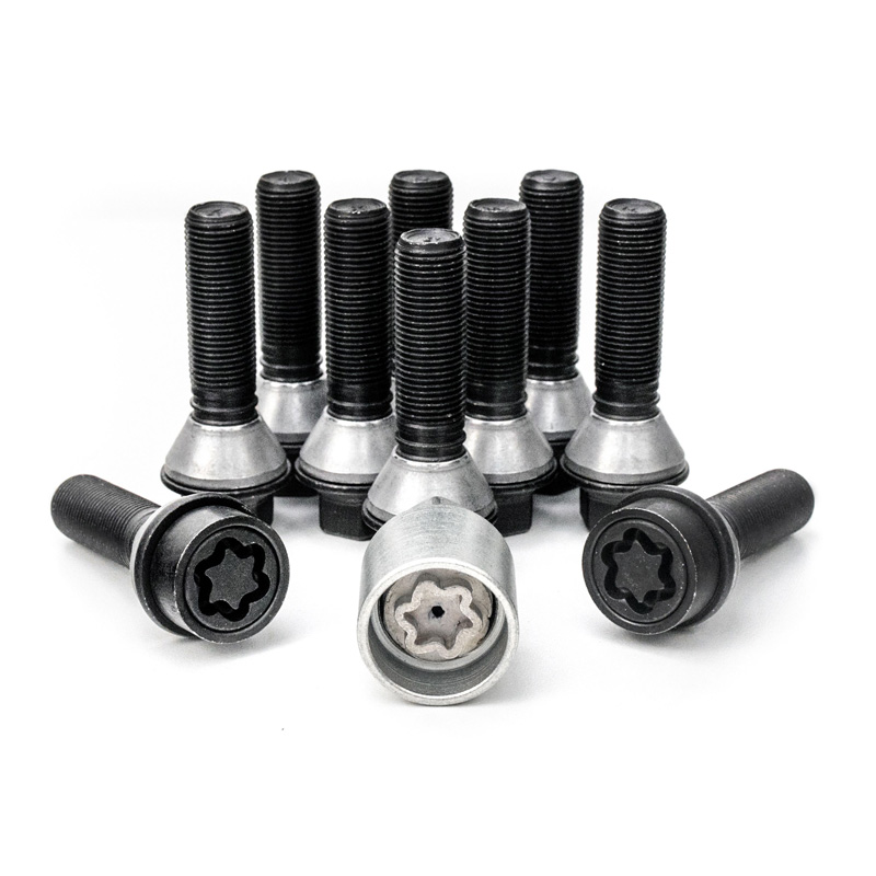 H&R Wheel bolt Set Taper-Head with movable cone M14x1.25 - Length 43mm - Black - 10 pcs. (e.g.  BMW) - incl. wheel-locks