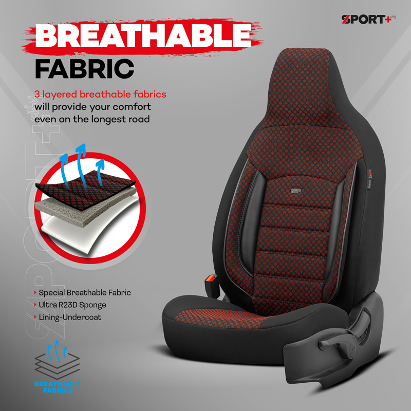 Universele Stoffen 'CityBug' Stoelhoezenset 'Sport Plus' Zwart/Rood - 9-delig - geschikt voor Side-Airbags