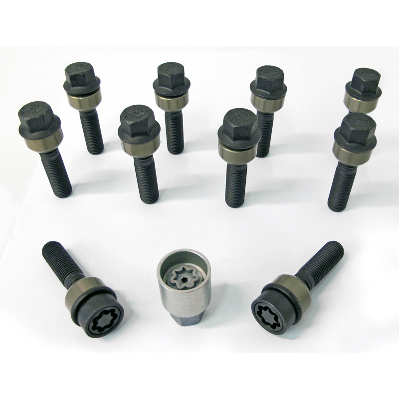 H&R Wheel bolt Set Round-Head with movable cone R14 M14x1.50 - Length 49mm - Black - 10 pcs. (e.g.  Porsche) - incl. wheel-locks