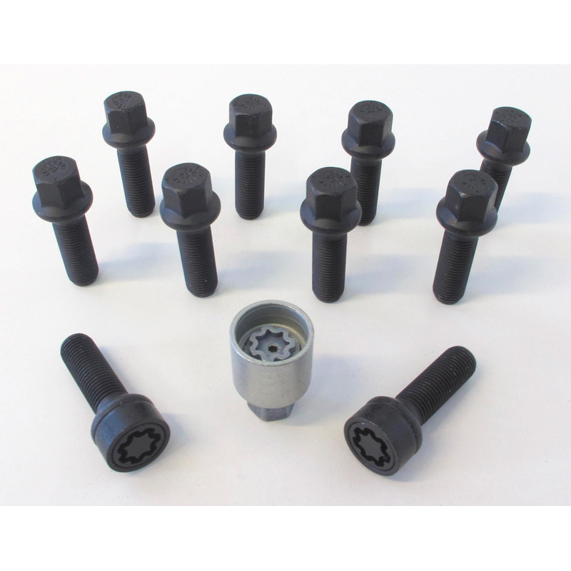 H&R Wheel bolt Set Round-Head R14 M14x1.50 - Length 50mm - Black - 10 pcs - incl. wheel-locks