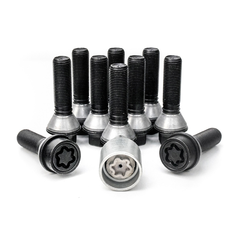 H&R Wheel bolt Set Taper-Head with movable cone M14x1.25 - Length 39mm - Black - 10 pcs. (e.g.  BMW) - incl. wheel-locks