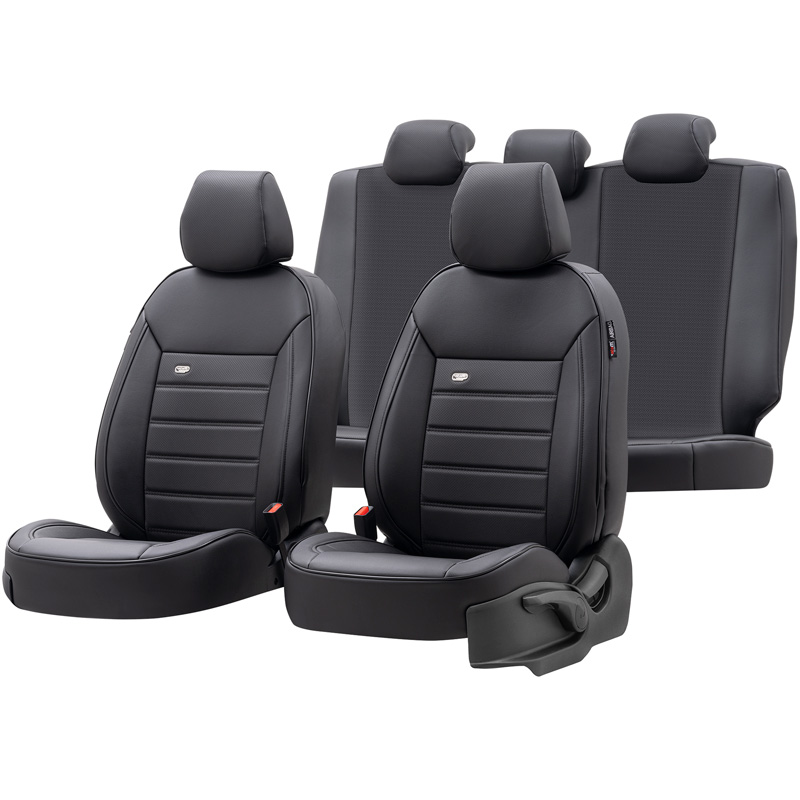 Universal Full-Leather Seat cover set 'Premium' Black - 11-pieces -  Side-Airbags