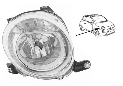 KOPLAMP RECHTS + Elektra Motor Zwart FIAT 500 07+