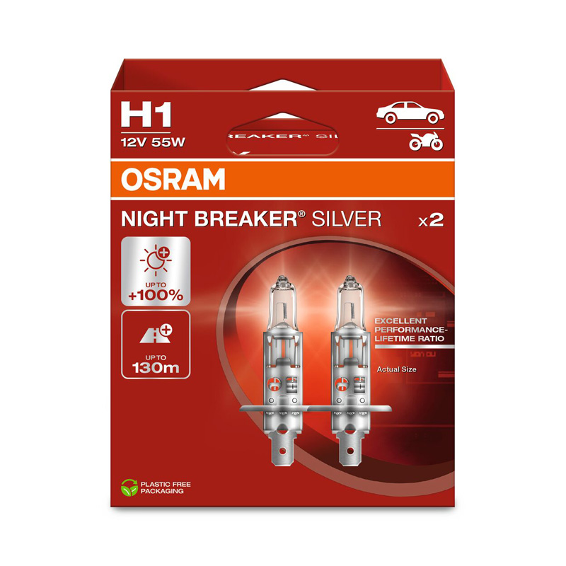 Osram Night Breaker Silver Halogeen lampen - H1 - 12V/55W - set à 2 stuks