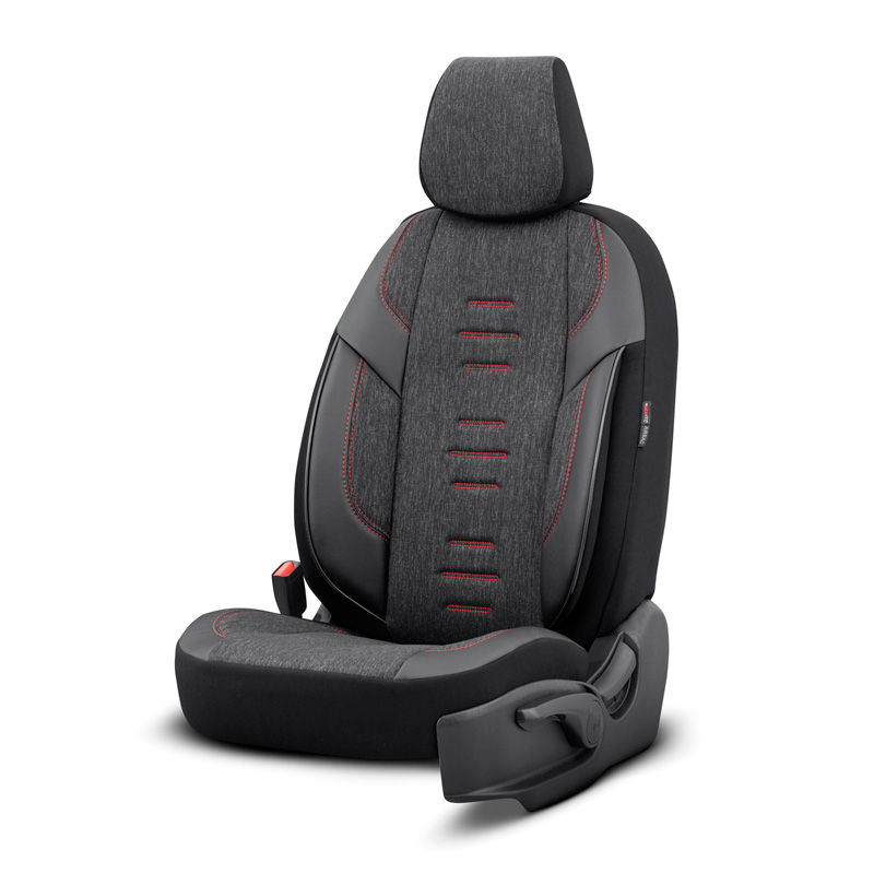 Universele Linnen/Leder/Stoffen Stoelhoezenset 'Throne' Zwart/Grijs/Rood - 11-delig - geschikt voor Side-Airbags