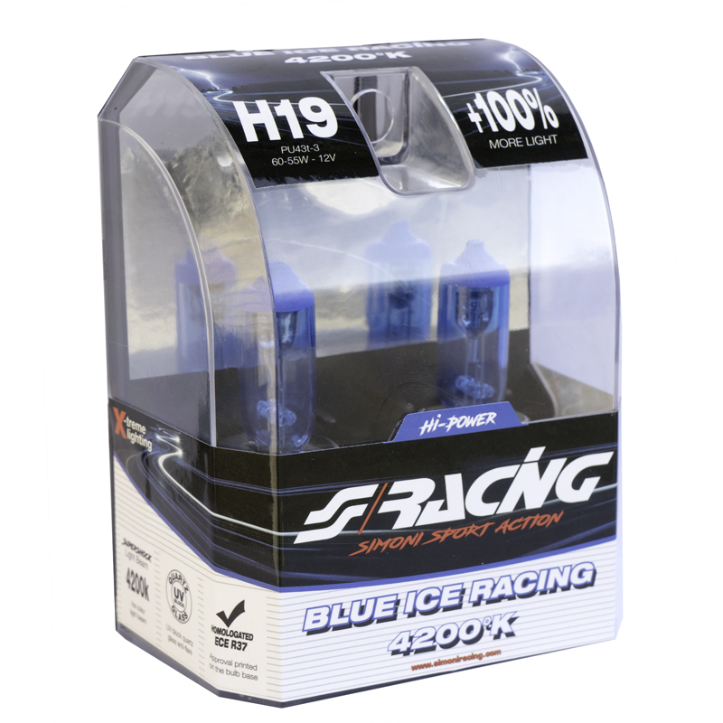 Simoni Racing Halogen Bulbs 'Blue Ice Racing' H19 (PU43T-3) (4200K) 12V/60-55W, set of 2 pieces ECE-R37