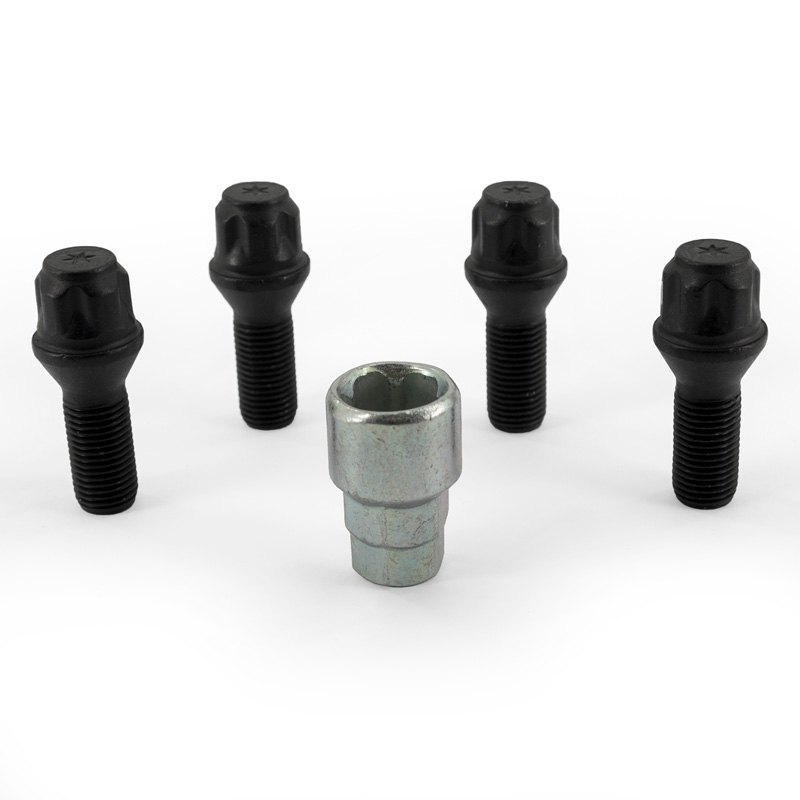 H&R Wheel lock set M14x1.50x28mm Taper Black - 4 wheel lock bolts incl. adapter