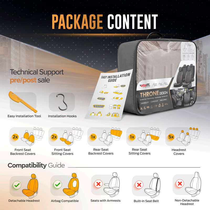 Universal Linen/Leather/Fabric Seat cover set 'Throne' Crème - 11-pieces -  Side-Airbags