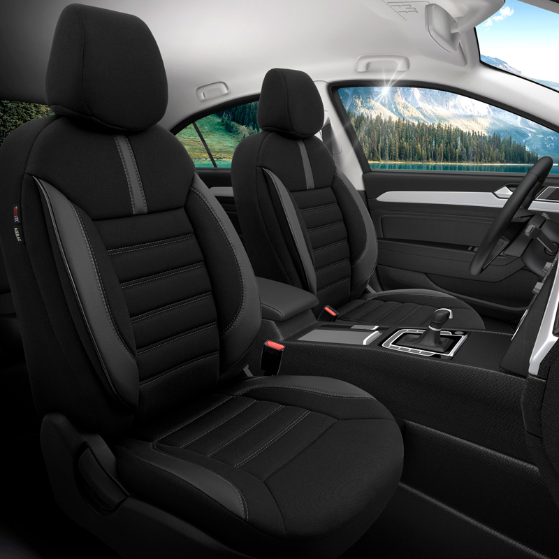 Universal Fabric/Leather Seat cover set 'Limited' Black + Grey stitching - 11-pieces -  Side-Airbags