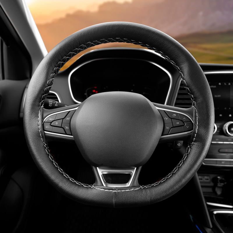 Universal steering wheel cover Classic - Black PVC leather + Grey stitch (lace)