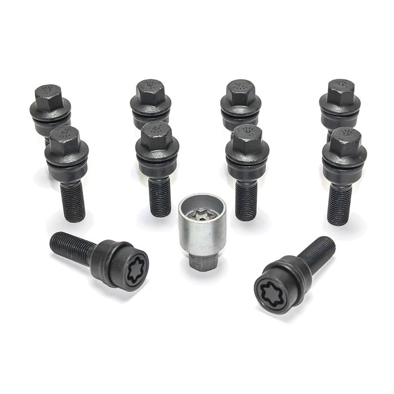 H&R Wheel bolt Set Round-Head with movable cone R14 M14x1.50 - Length 38mm - Black - 10 pcs. (e.g.  Audi Q3, Q5) - incl. wheel-locks