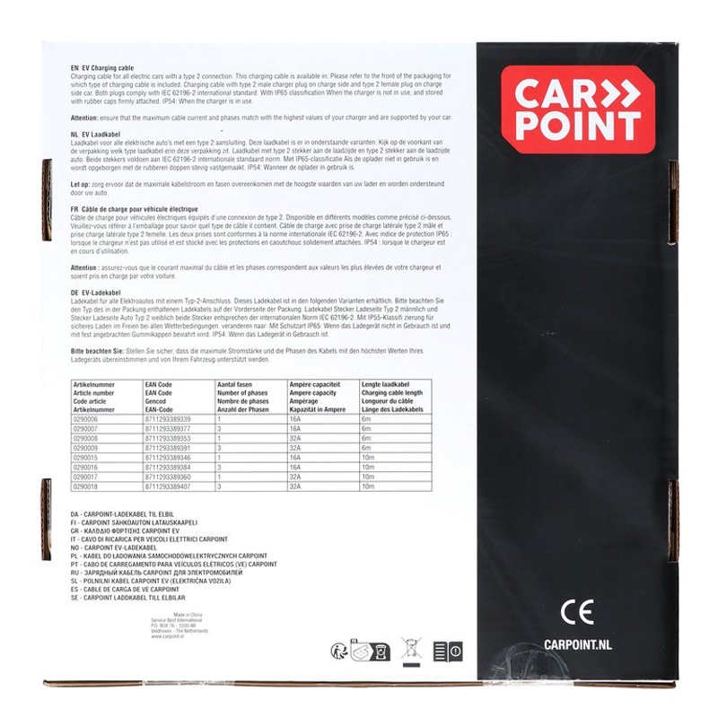 Câble de charge Carpoint pour véhicule électrique Type 2>2 16 AMP monophasé 10 mètres
