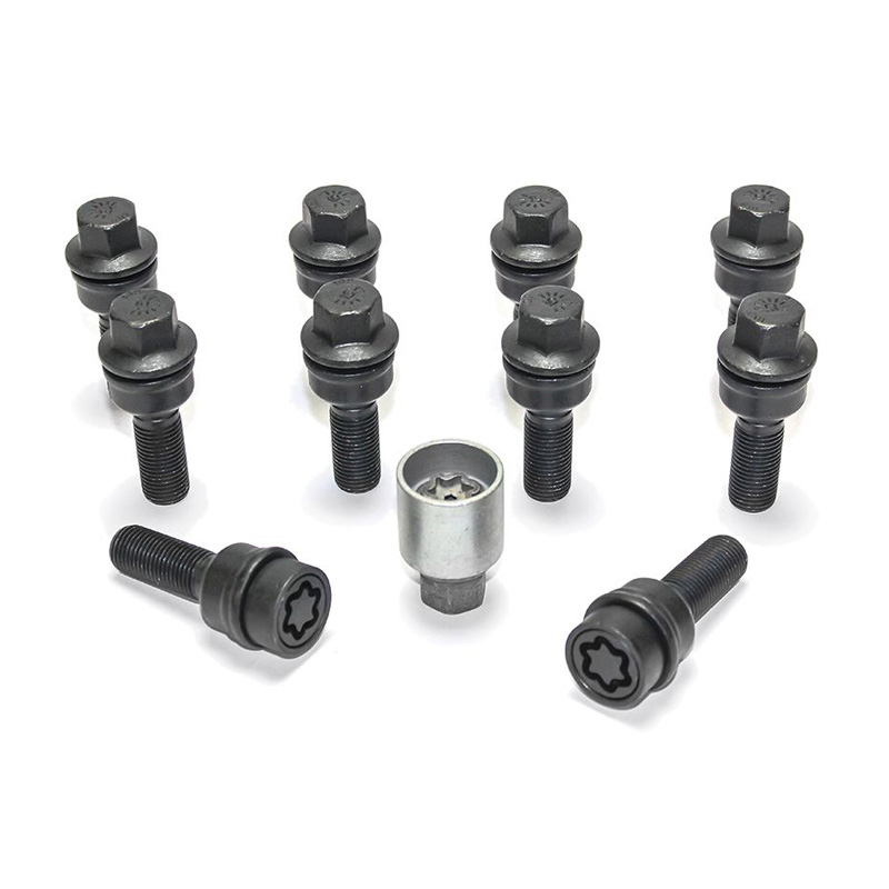 H&R Wheel bolt Set Round-Head with movable cone R14 M14x1.50 - Length 50mm - Black - 10 pcs. (e.g.  Audi Q3, Q5) - incl. wheel-locks