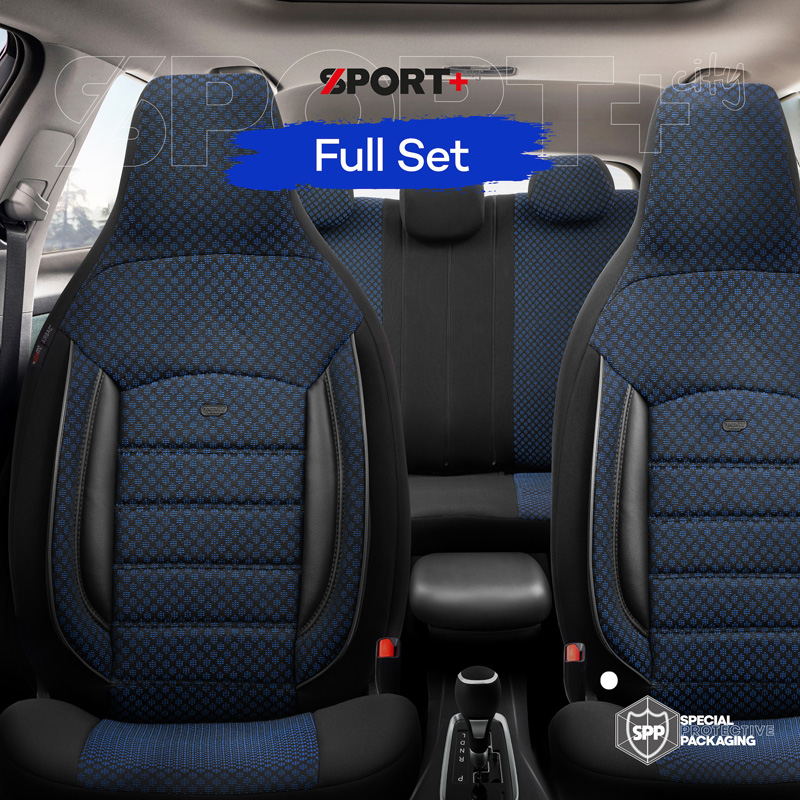 Universal Fabric 'CityBug' Seat cover set 'Sport Plus' Black/Blue - 9-pieces -  Side-Airbags