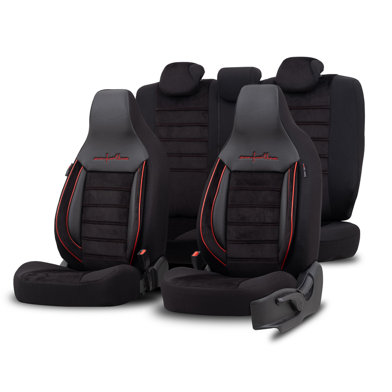 Universele Velours/Stoffen 'CityBug' Stoelhoezenset 'Comfortline' Zwart/Rood - 9-delig - geschikt voor Side-Airbags