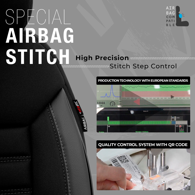 Universal Fabric/Leather Seat cover set 'Limited' Black + Grey stitching - 11-pieces -  Side-Airbags