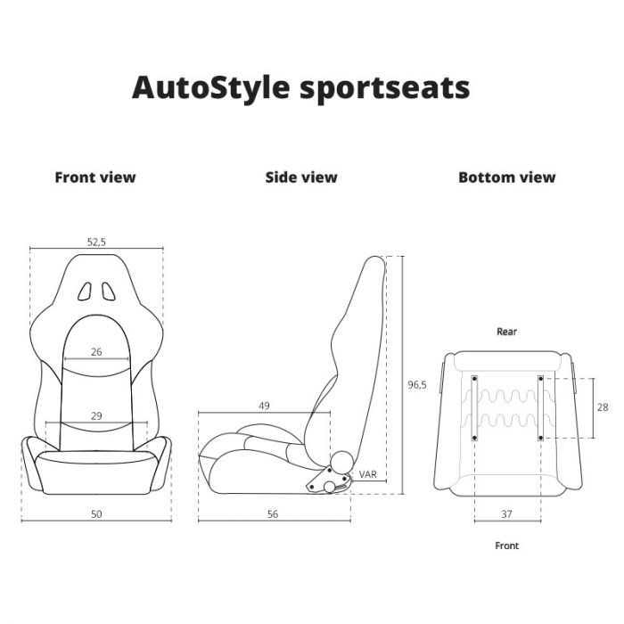 Sport seat 'RK' - Black Synthetic leather + SIlver stitching - Dual-side reclinable back-rest - incl. slides