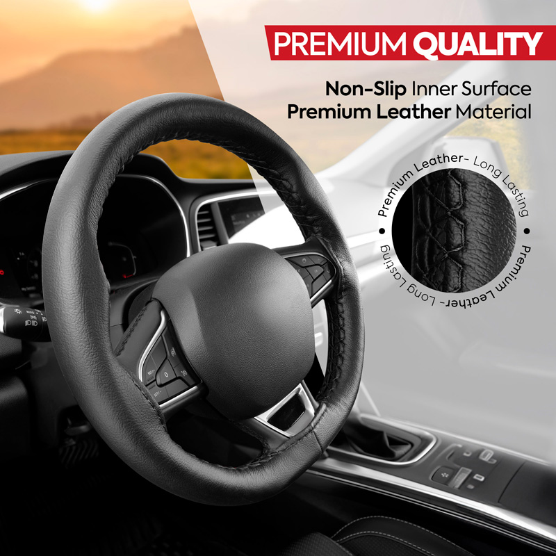 Universal steering wheel cover Classic - Black PVC leather + Black stitch (lace)
