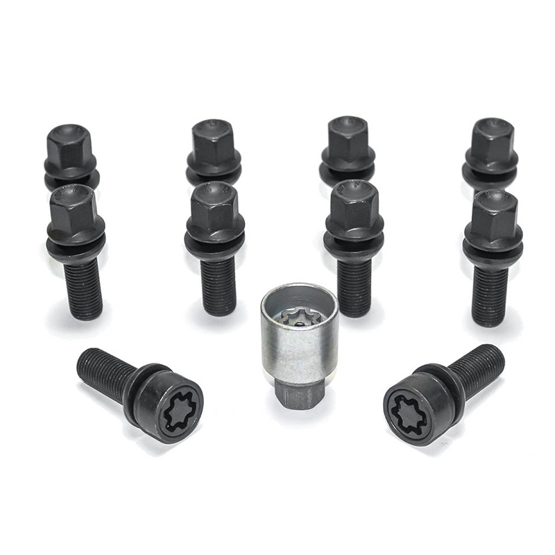 H&R Wheel bolt Set Round-Head with movable cone R13 M14x1.50 - Length 42mm - Black - 10 pcs. (e.g.  Audi S5) - incl. wheel-locks