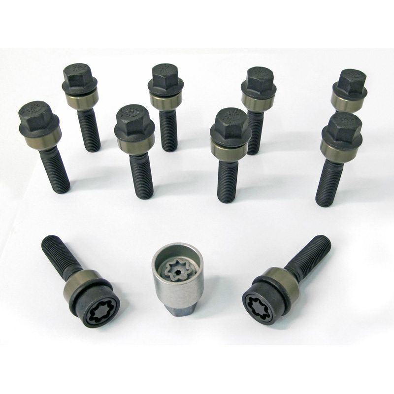 H&R Wheel bolt Set Round-Head with movable cone R14 M14x1.50 - Length 57mm - Black - 10 pcs. (e.g.  Porsche) - incl. wheel-locks