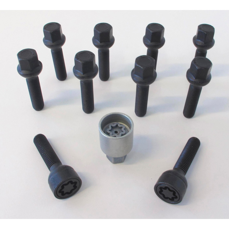 H&R Wheel bolt Set Round-Head R12 M12x1.50 - Length 47mm - Black - 10 pcs. (e.g.  Mercedes) - incl. wheel-locks