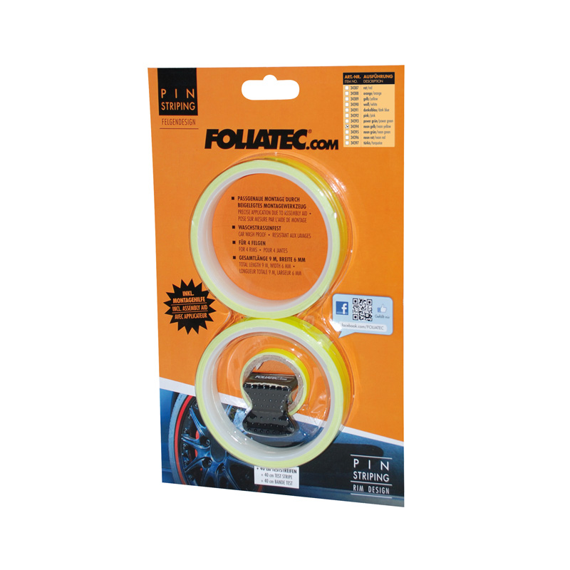 Foliatec PIN Striping rim design incl. installation tool - neon yellow - 4 strips 6mmx2,15meter & 1 tester 6mmx40cm