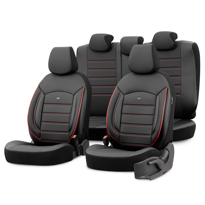 Universal Full-Leather Seat cover set 'Inspire' Black + Red trim - 11-pieces -  Side-Airbags