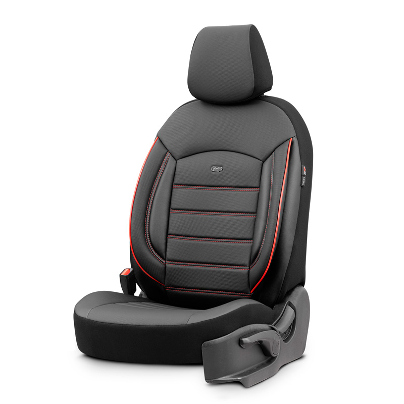 Universal Full-Leather Seat cover set 'Inspire' Black + Red trim - 11-pieces -  Side-Airbags