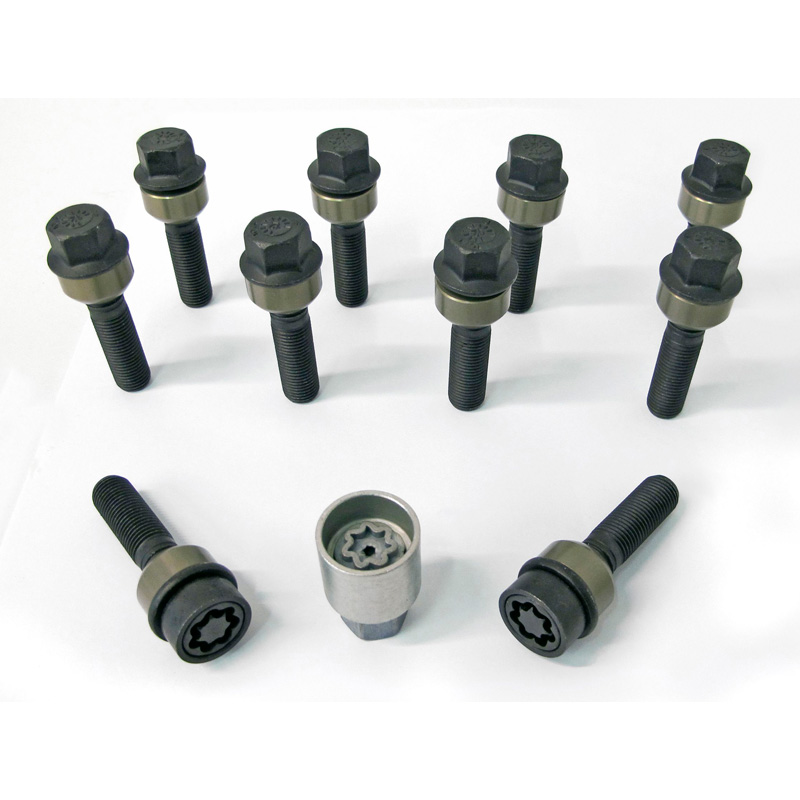 H&R Wheel bolt Set Round-Head with movable cone R14 M14x1.50 - Length 74mm - Black - 10 pcs. (e.g.  Porsche) - incl. wheel-locks