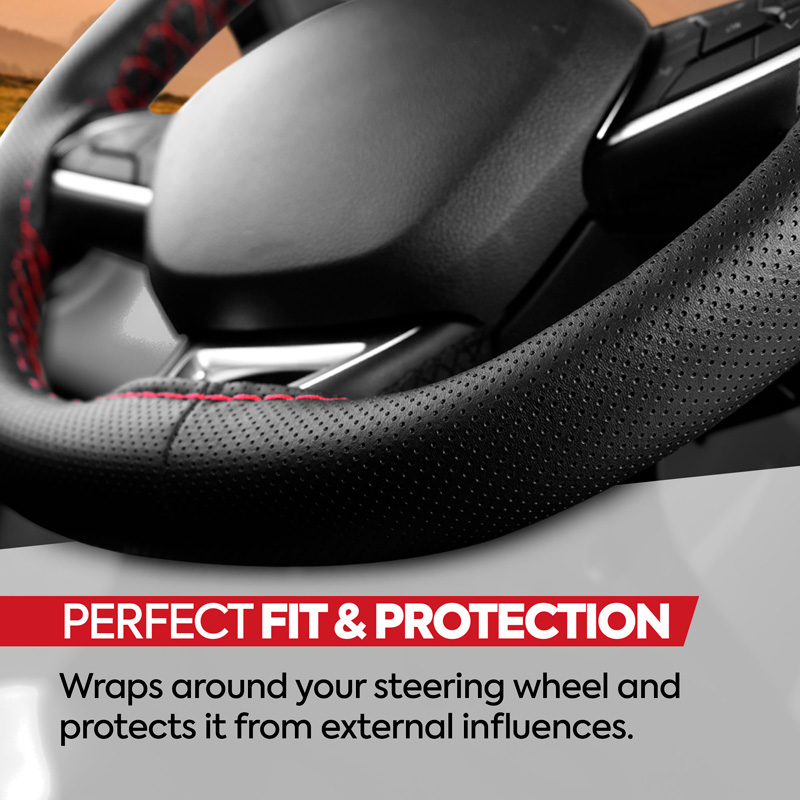 Universal steering wheel cover Classic - Black punched PVC leather + Red stitch (lace)