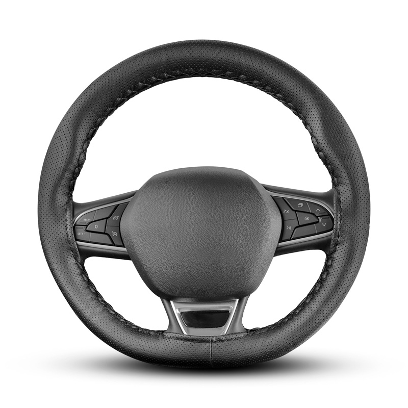 Universal steering wheel cover Classic - Black punched PVC leather + Black stitch (lace)