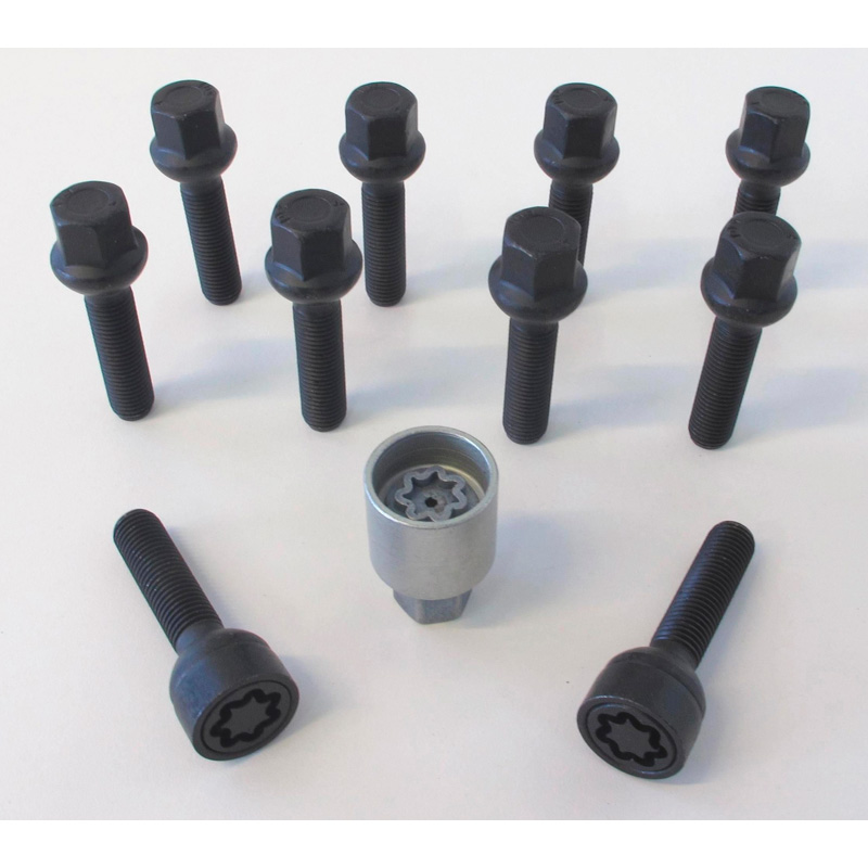 H&R Wheel bolt Set Round-Head R13 M14x1.50 - Length 40mm - Black - 10 pcs. ( e.g. VAG) - incl. wheel-locks