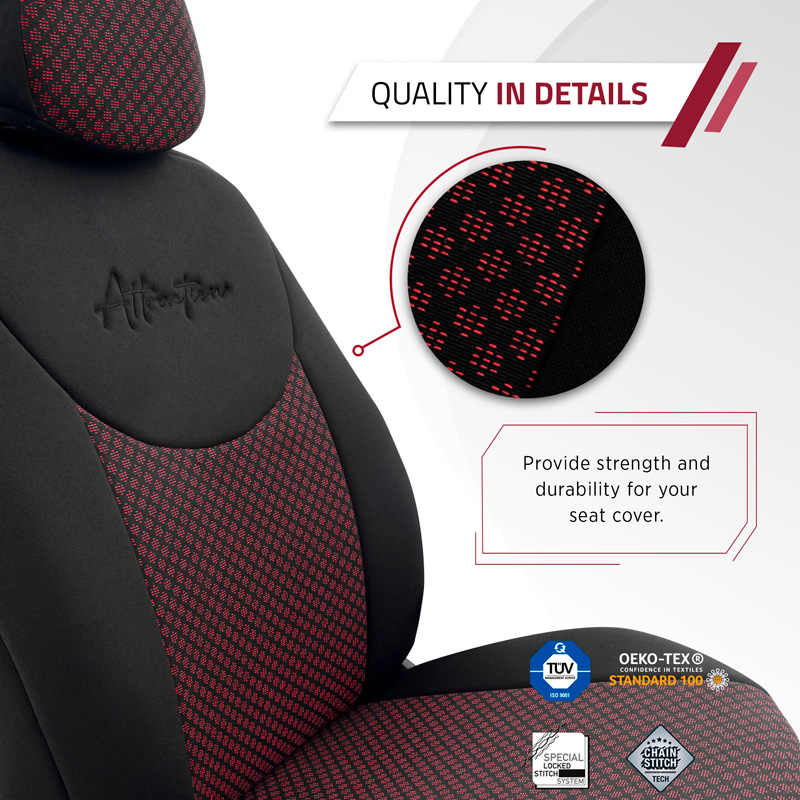 Universal Fabric Seat cover set 'Attraction' Black/Maroon - 11-pieces -  Side-Airbags