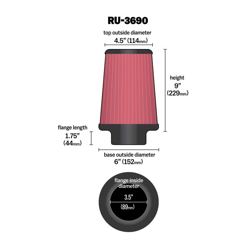 K&N Universal Conical Air Filter 89mm flange, 152mm base, 114mm top, 229mm height (RU-3690)