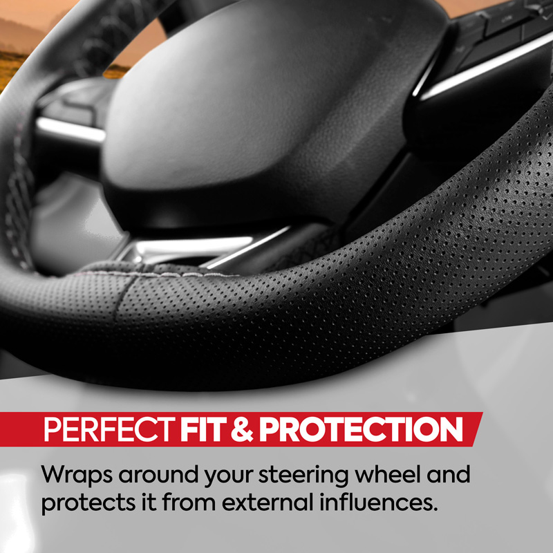 Universal steering wheel cover Classic - Black punched PVC leather + Grey stitch (lace)
