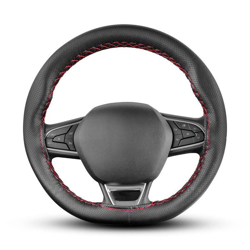 Universal steering wheel cover Classic - Black punched PVC leather + Red stitch (lace)