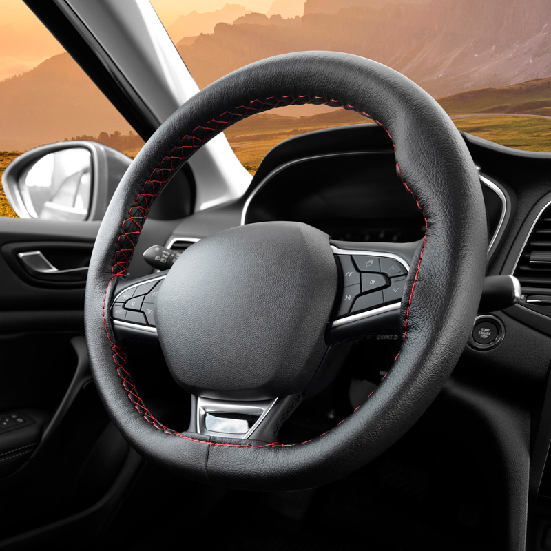Universal steering wheel cover Classic - Black PVC leather + Red stitch (lace)