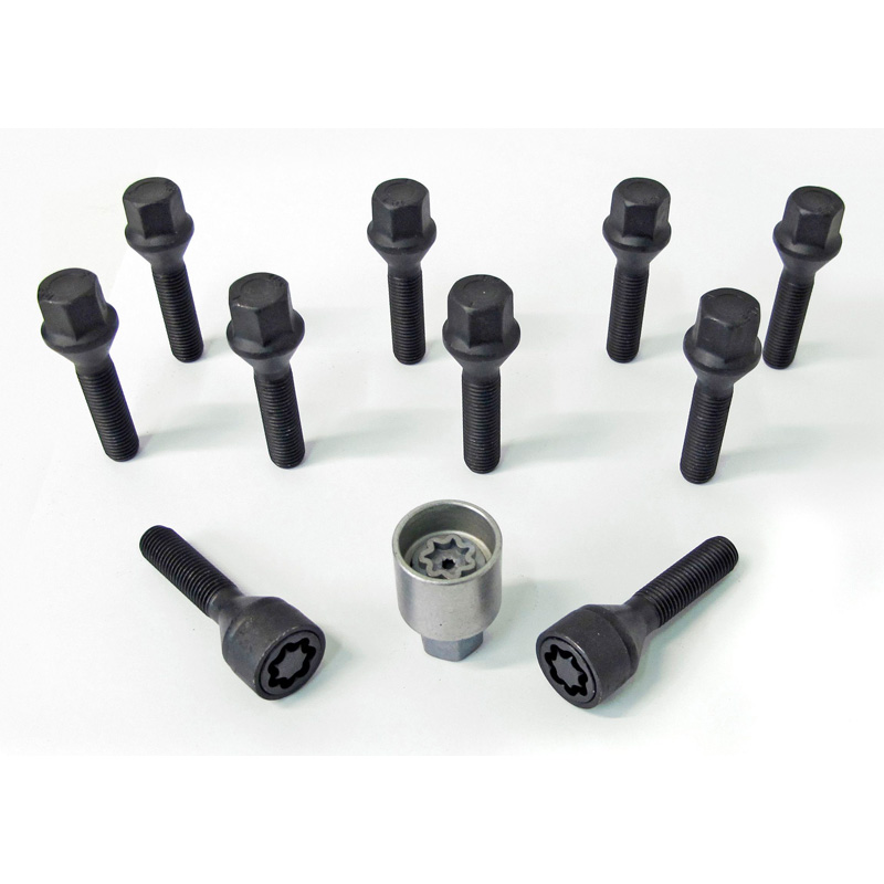 H&R Wheel bolt Set Taper-Head M12x1.50 - Length 48mm - Black - 10 pcs. - incl. wheel-locks