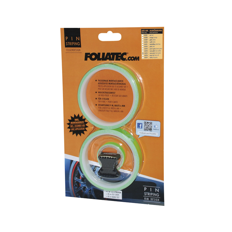 Foliatec PIN Striping rim design incl. installation tool - neon green - 4 strips 6mmx2,15meter & 1 tester 6mmx40cm