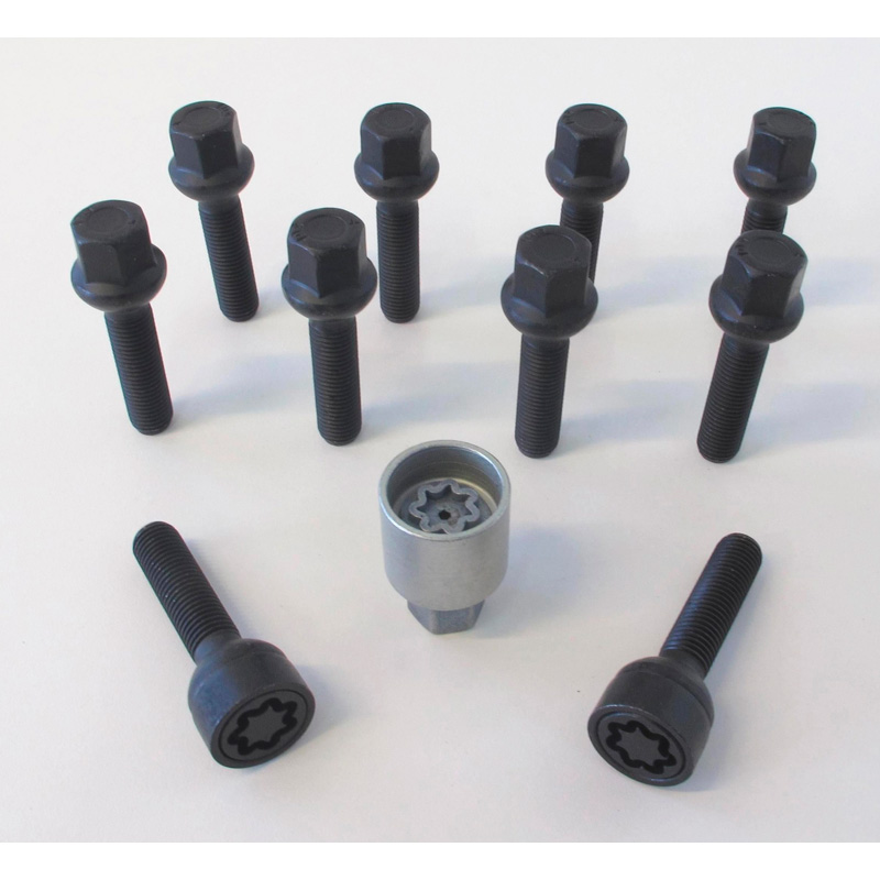 H&R Wheel bolt Set Round-Head R12 M12x1.50 - Length 43mm - Black - 10 pcs. (e.g.  Mercedes) - incl. wheel-locks