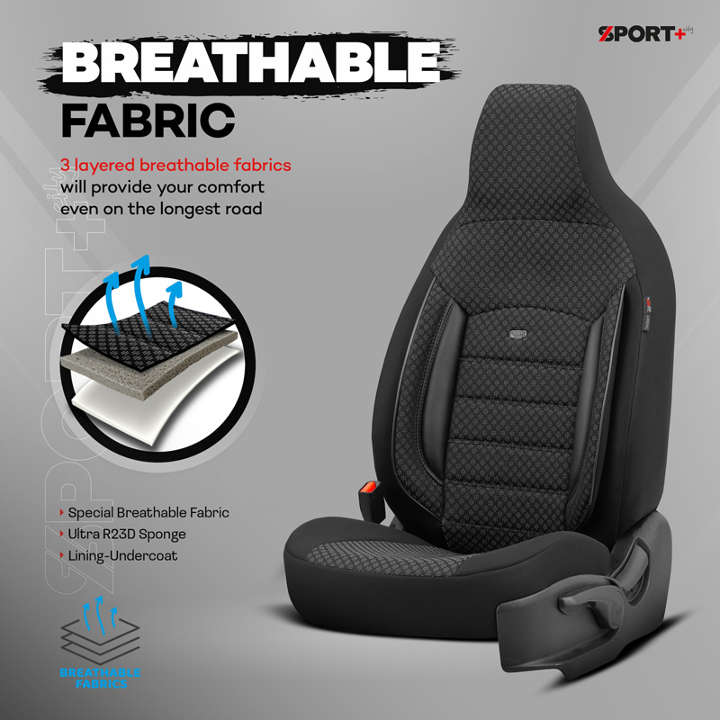 Universal Fabric 'CityBug' Seat cover set 'Sport Plus' Black - 9-pieces -  Side-Airbags