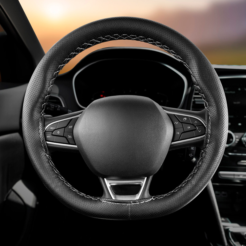 Universal steering wheel cover Classic - Black punched PVC leather + Grey stitch (lace)