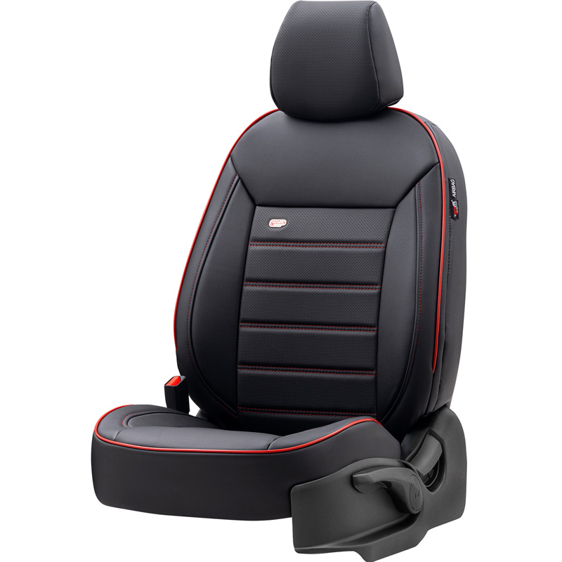 Universal Full-Leather Seat cover set 'Premium' Black + Red trim - 11-pieces -  Side-Airbags