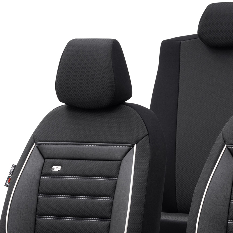 Universelle Stoff Sitzbezüge 'Prestige' Schwarz/Anthrazit + Weißes Rand - 11-Teilig- - passend für Side-Airbags