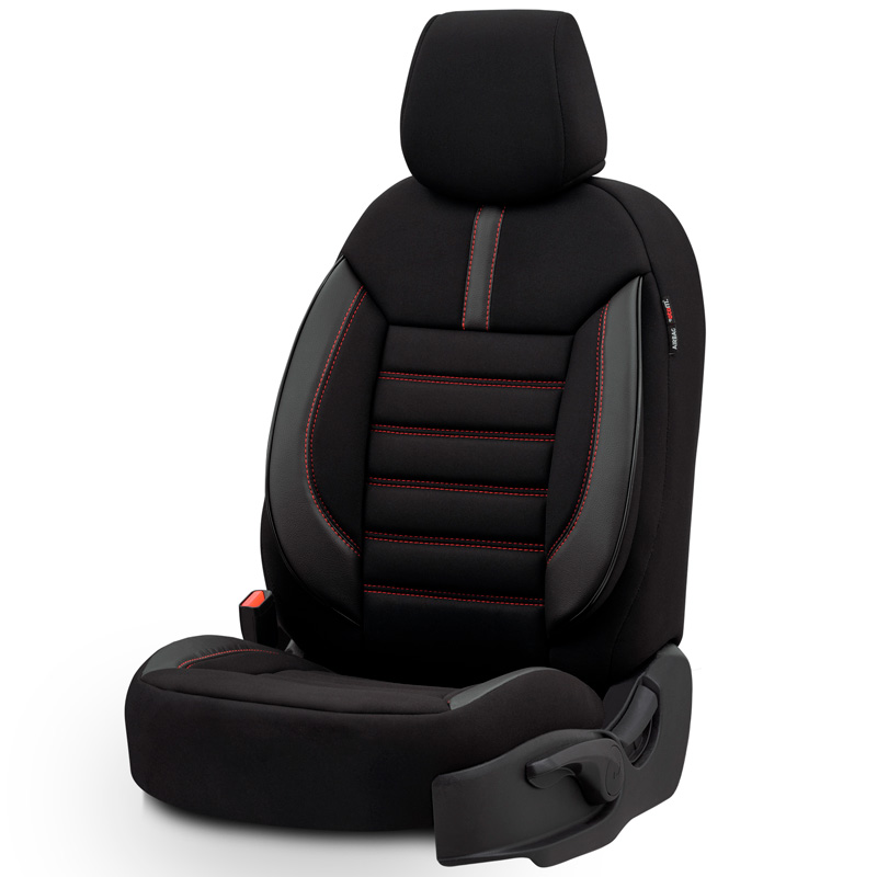 Universal Fabric/Leather Seat cover set 'Limited' Black + Red stitching - 11-pieces -  Side-Airbags