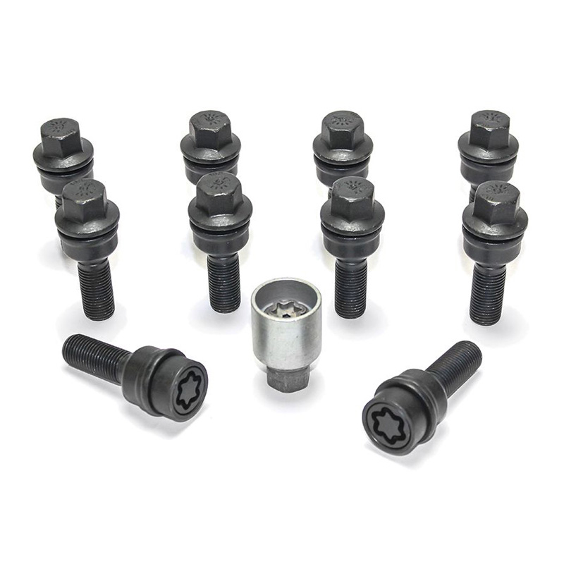 H&R Wheel bolt Set Round-Head with movable cone R14 M14x1.50 - Length 48mm - Black - 10 pcs. (e.g.  Audi Q3, Q5) - incl. wheel-locks