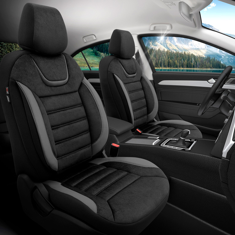 Universele Suede/Leder/Stoffen Stoelhoezenset 'Iconic' Zwart/Grijs - 11-delig - geschikt voor Side-Airbags