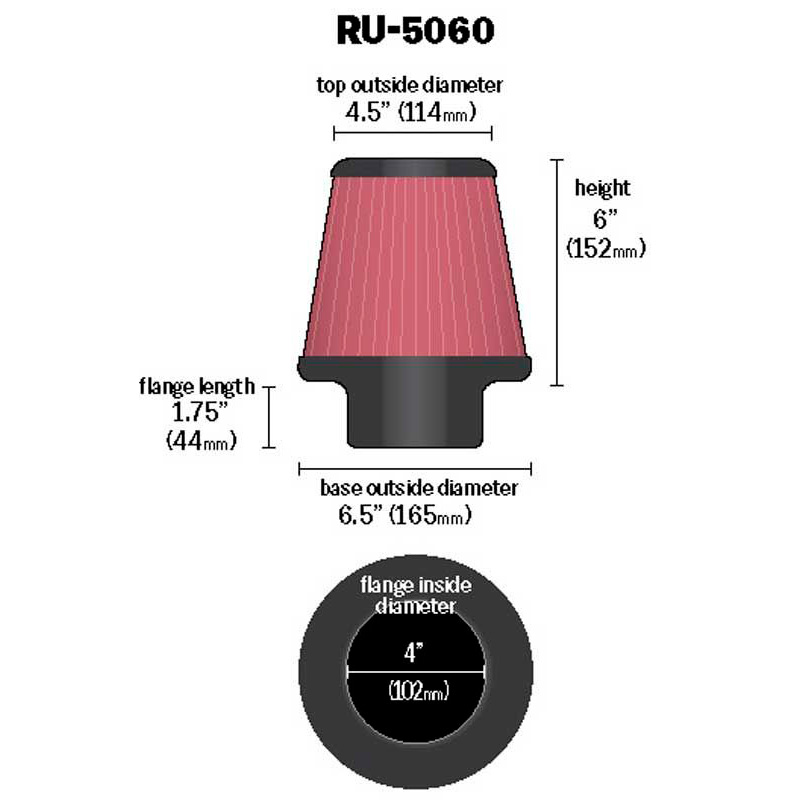 K&N Universal Conical Air Filter 102mm flange, 165mm base, 114mm top, 152mm height (RU-5060)